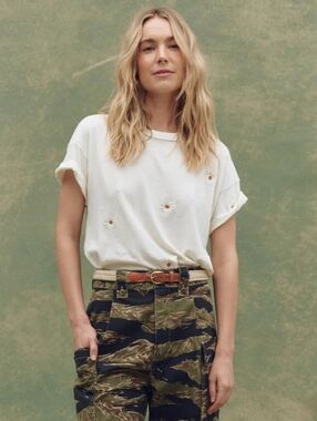 The GREAT Boxy Crew Daisy Embroidered Cream Women's Tee 0